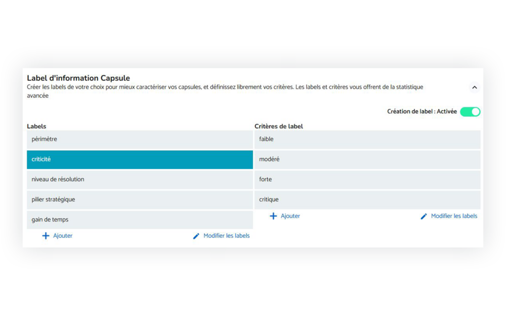 Personnalisation des labels et statistiques de capsules ZideeUp